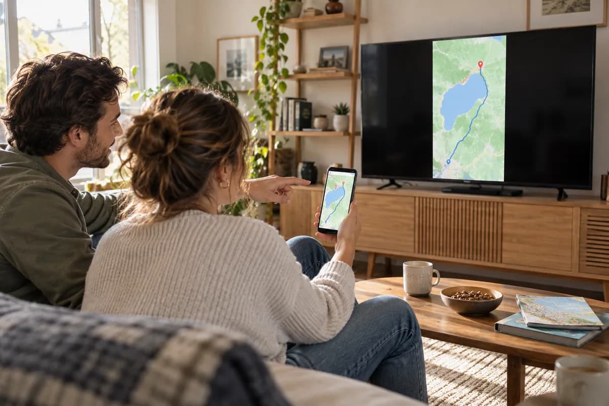 Friends viewing a map mirrored from an iPhone on a living-room television.