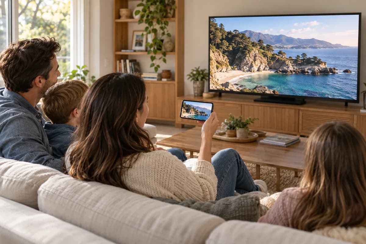 Family sharing vacation photos from an iPhone on a living-room television.