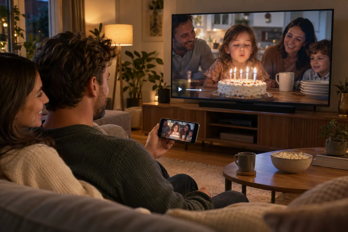 People watching a personal video from an iPhone together on a television.