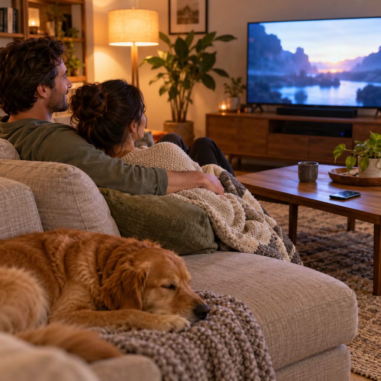 Couple enjoying stable viewing after troubleshooting