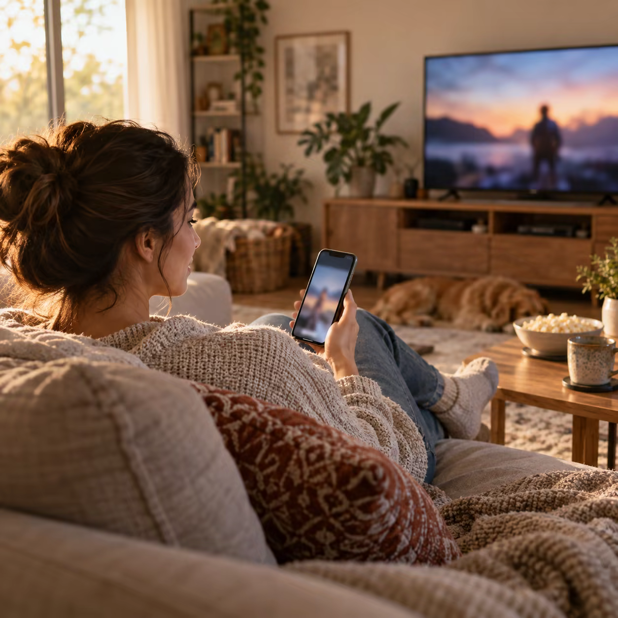 A person casually using a smartphone while media plays on a living-room TV.