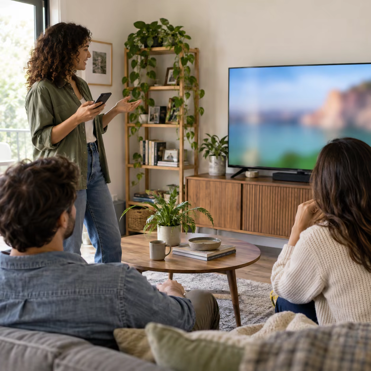 A small group viewing shared content on a TV during an informal home presentation.