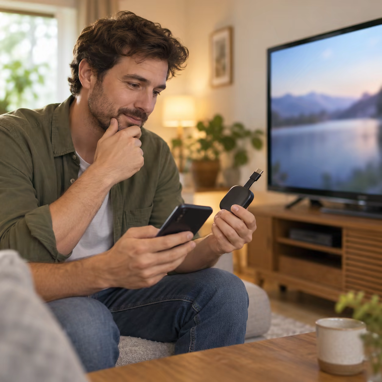 Viewer choosing a compatible phone-to-TV connection