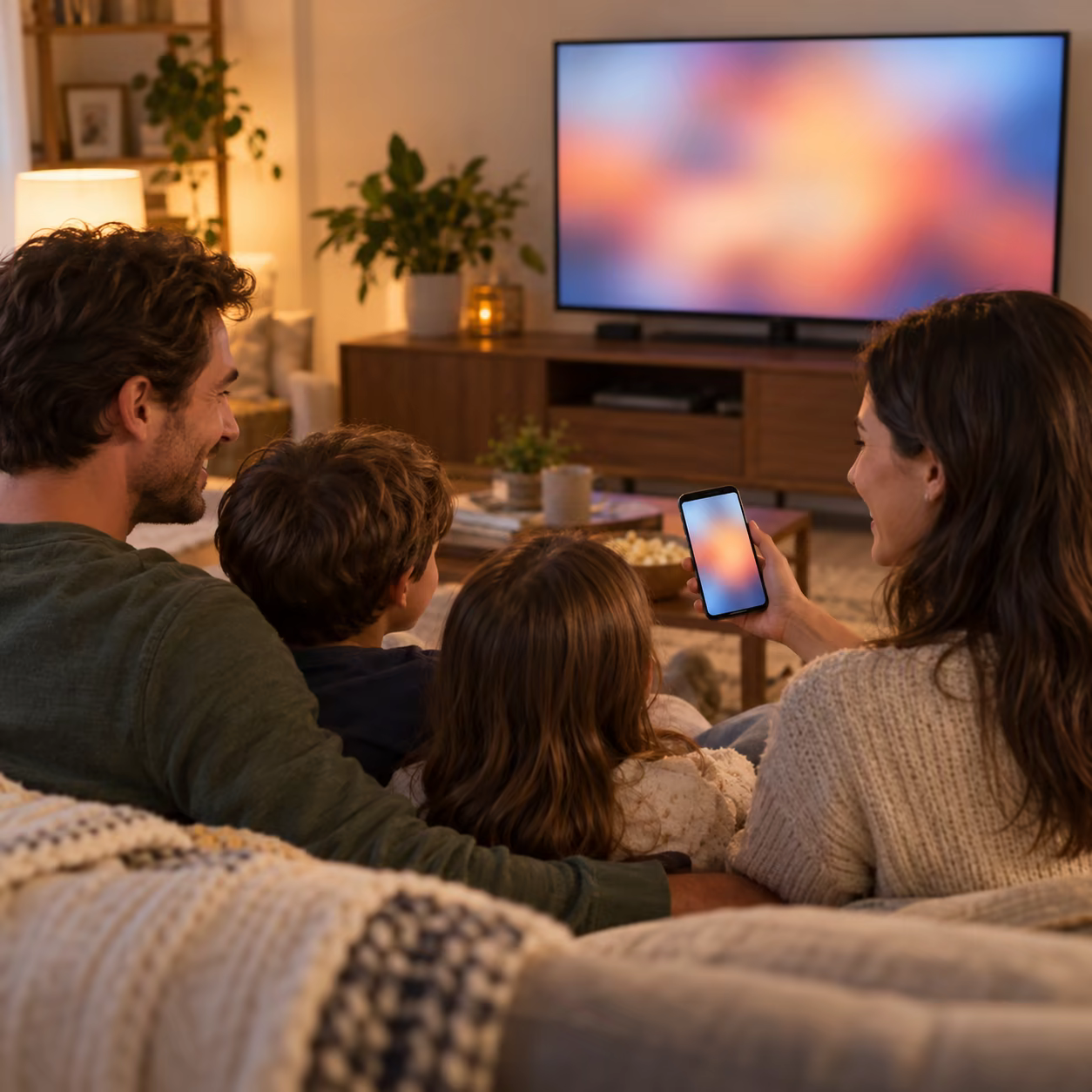 Family sharing photos through a TV receiver