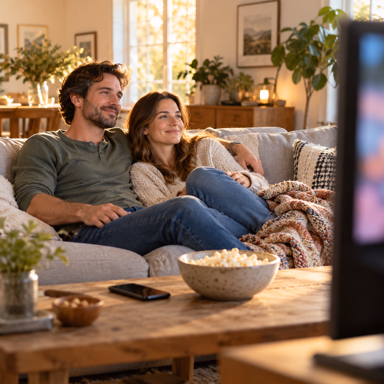 A couple settling into a comfortable afternoon in their living room.