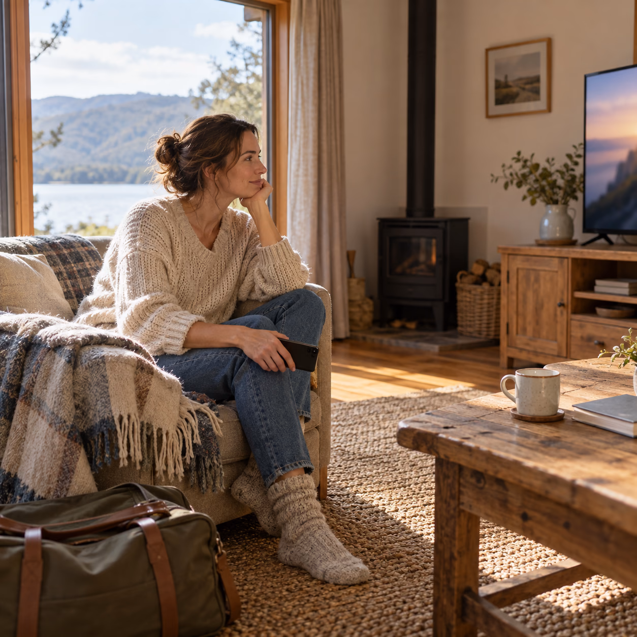 A traveler taking a quiet moment in a cottage lounge.