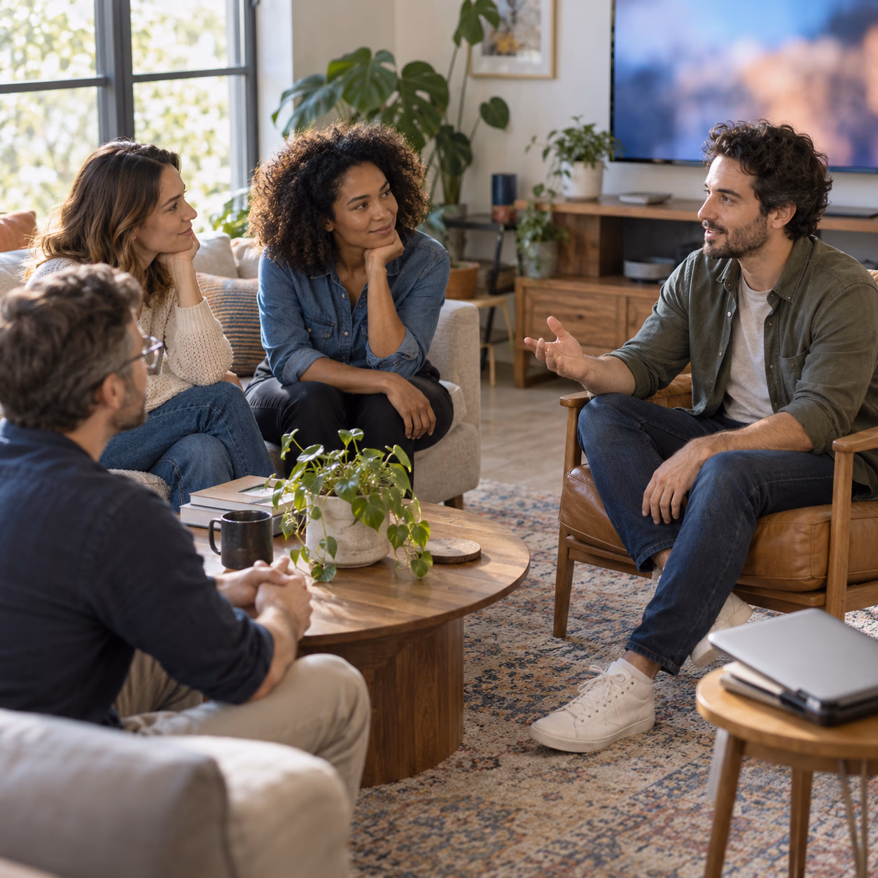 Colleagues gathering for an informal discussion in a home office.