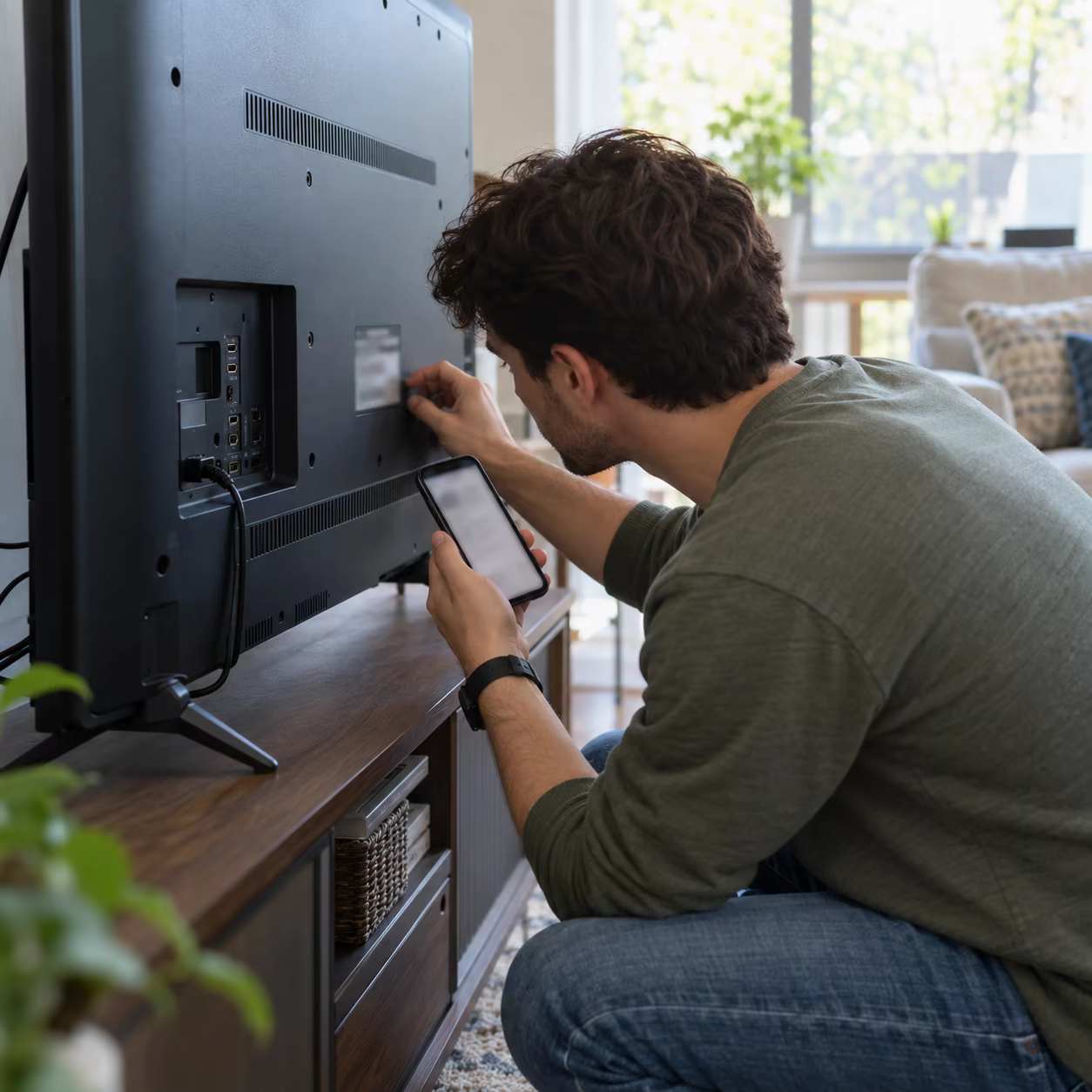 Person checking a Hisense TV model before AirPlay setup