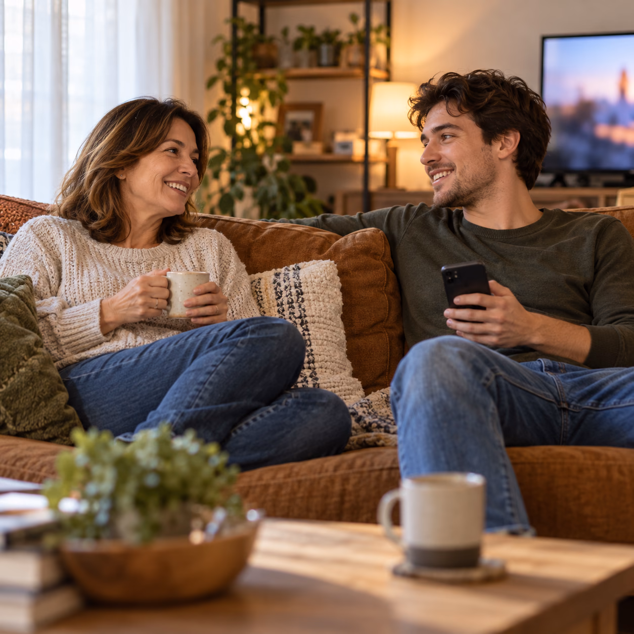 A mother and son getting comfortable for an evening in the living room.