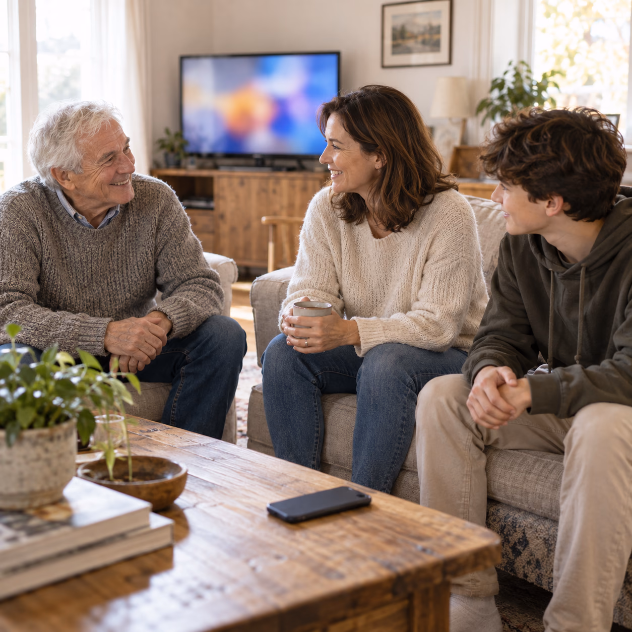 Family members sharing a relaxed moment in a bright living room.