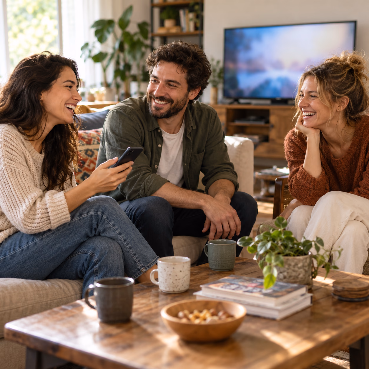 Friends laughing together during a relaxed afternoon at home.
