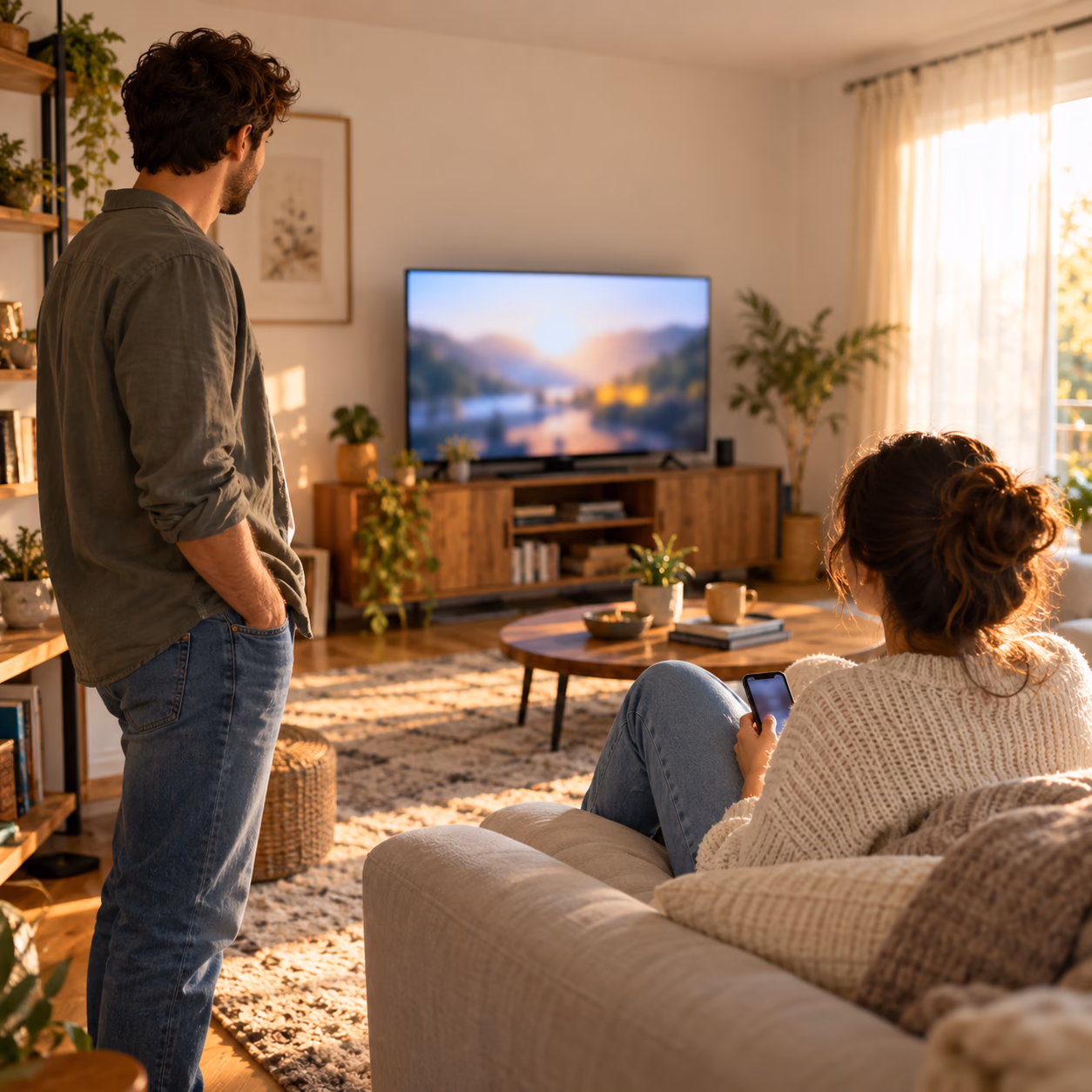A couple getting comfortable before watching together at home.
