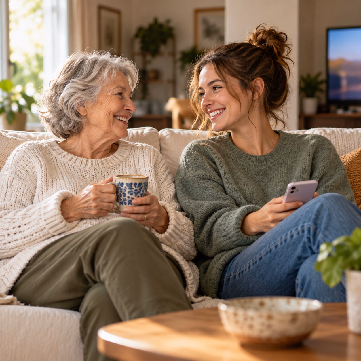 A grandmother and granddaughter enjoying a quiet moment together.