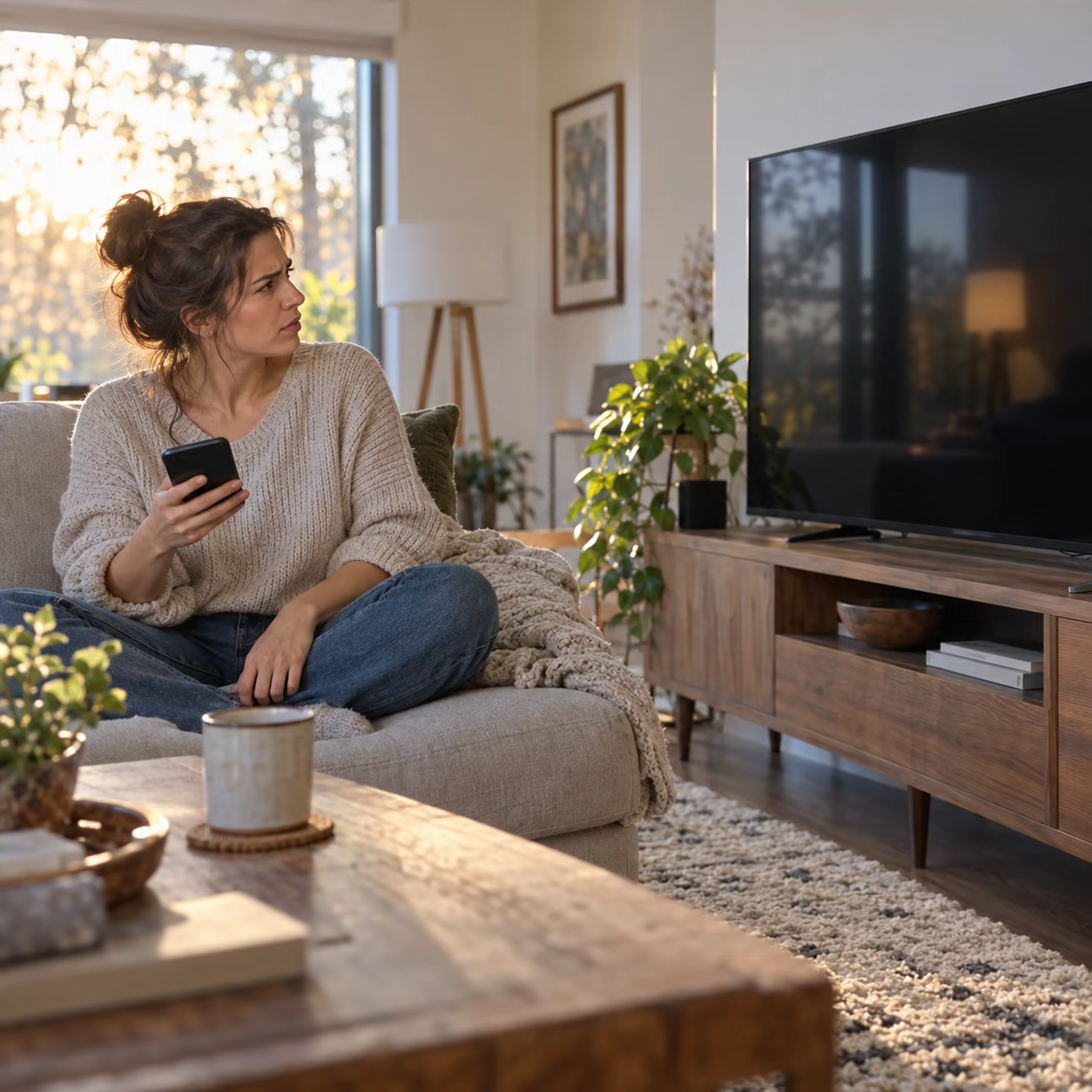 A person checking a phone beside a dark television.