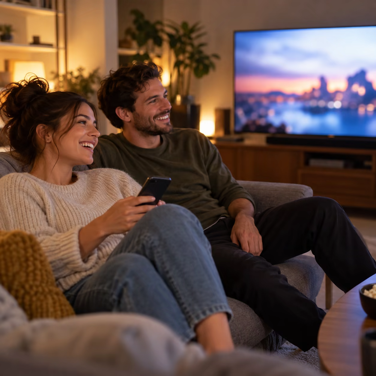 Friends relaxing after reconnecting a phone to the TV.