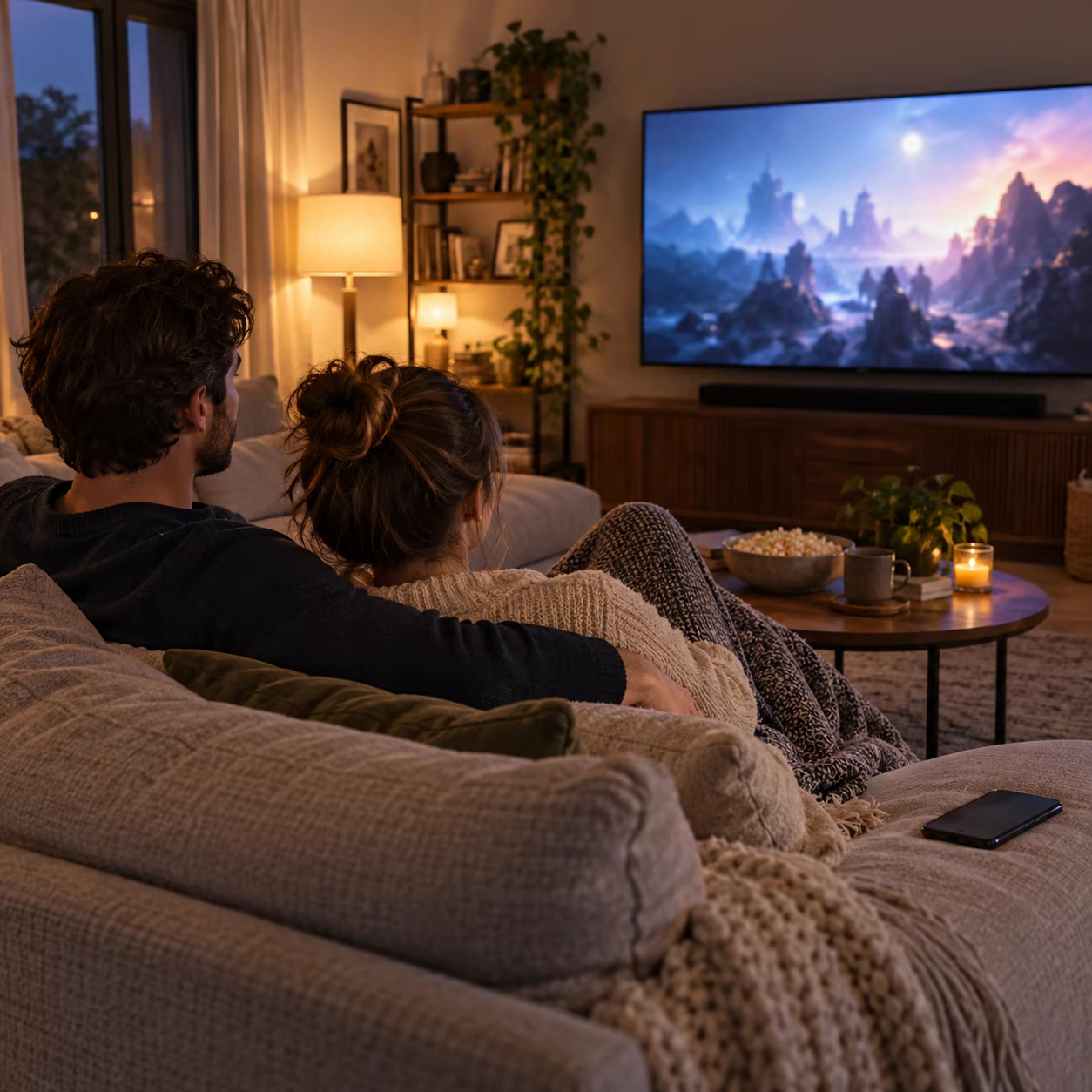 Relaxed viewers watching widescreen content on a TV