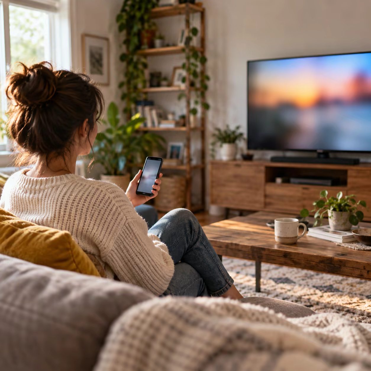 A person preparing to share content from a smartphone to a TV in a bright living room.