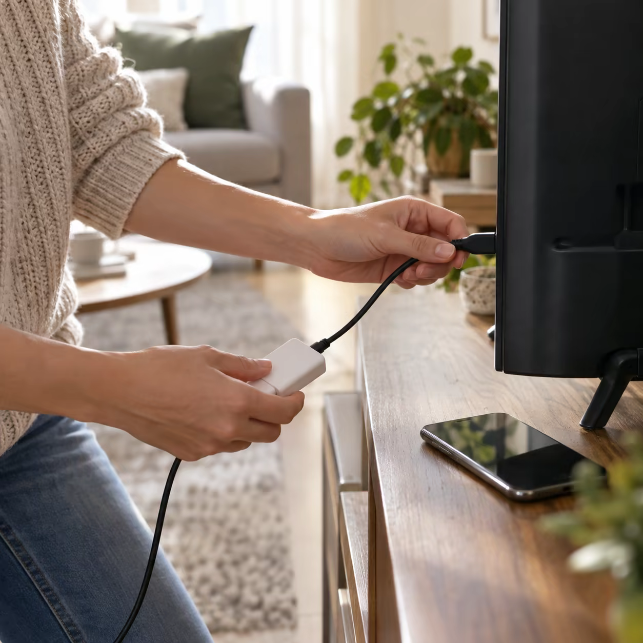 A person connecting an unbranded smartphone to a television with a simple cable at home.