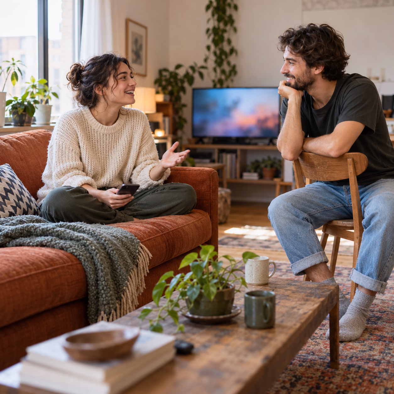 Roommates deciding what to watch in a bright living room.