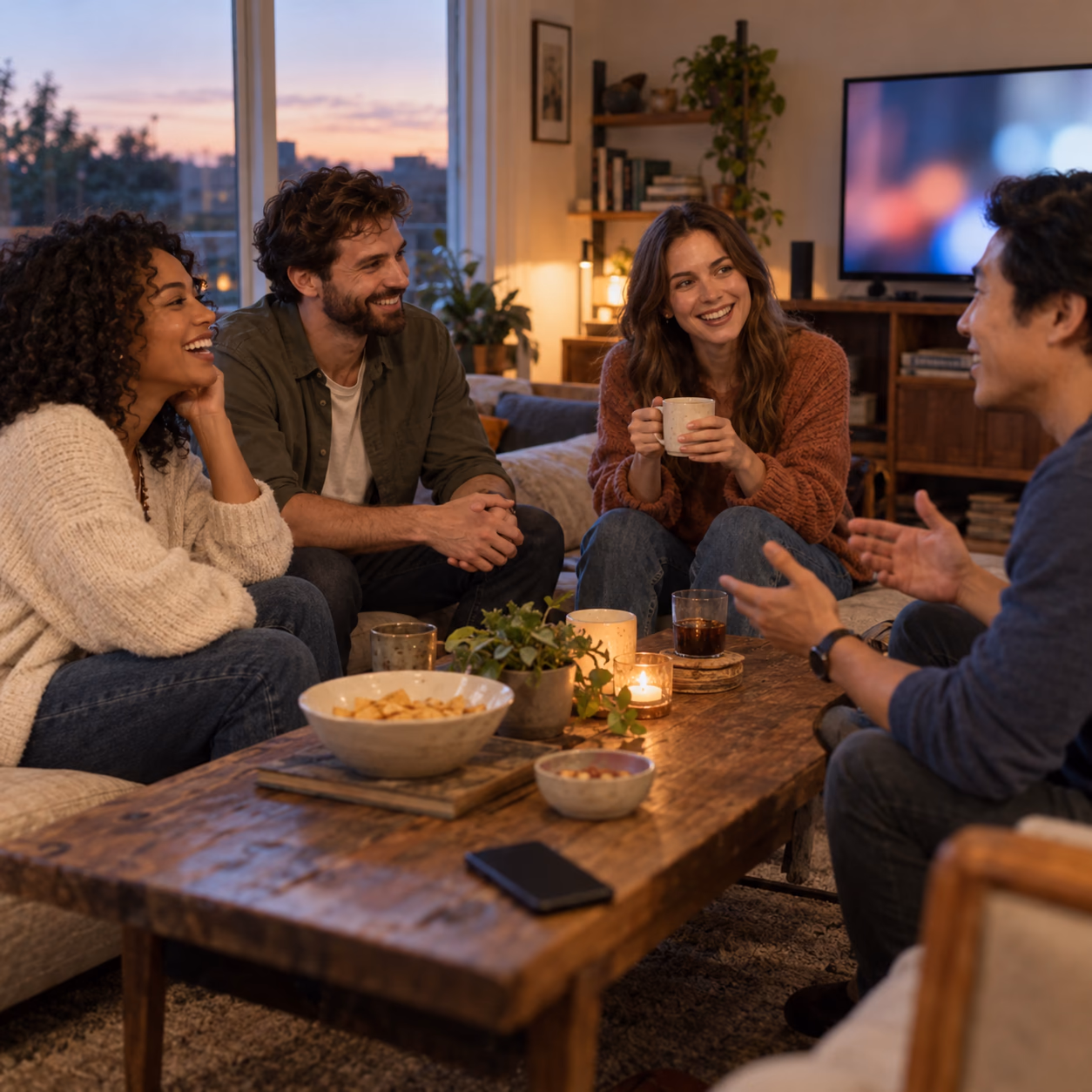 Friends spending an easy evening around a living-room coffee table.
