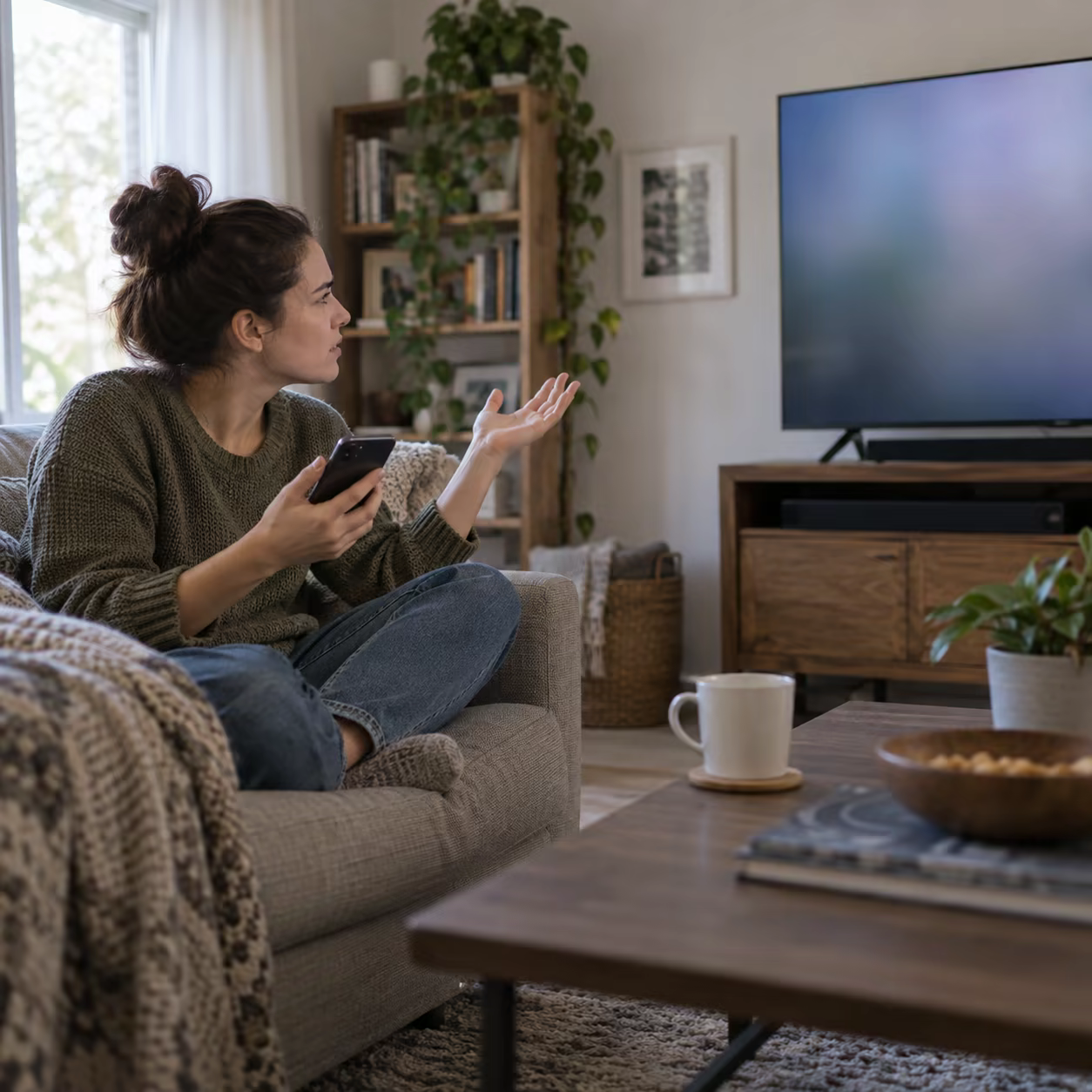 A viewer reacting to an interrupted big-screen experience while holding a smartphone.