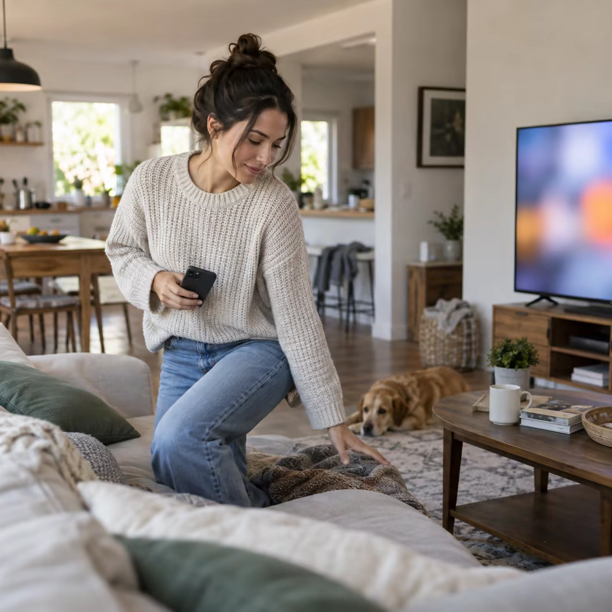 A person repositioning near a home router while using a smartphone and television.