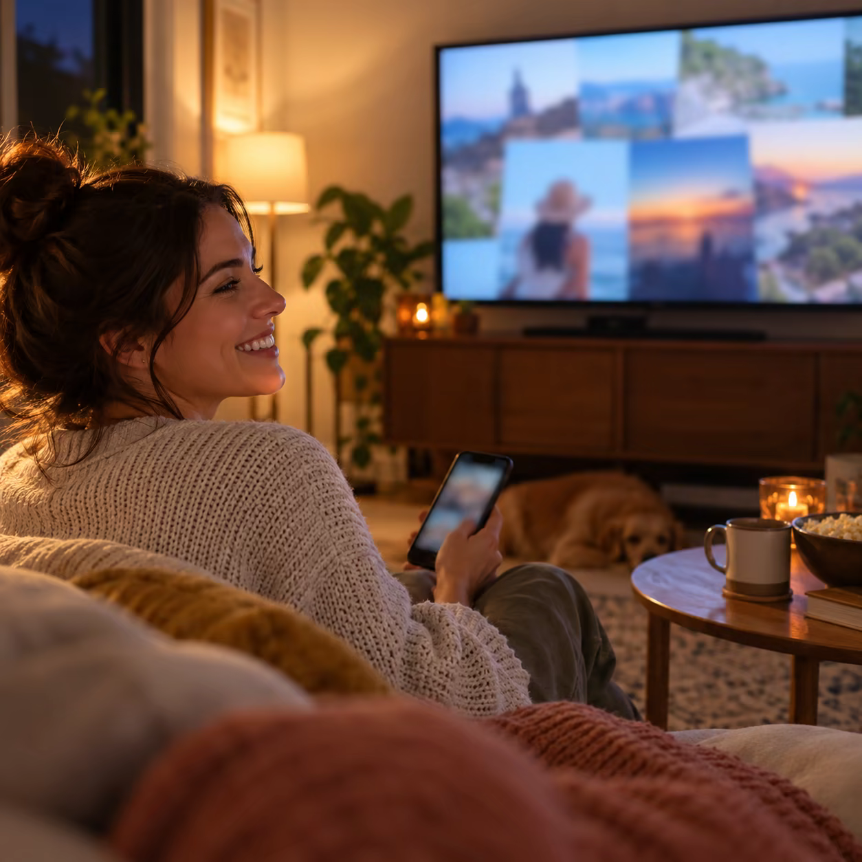 User confirming a successful TV connection with photos