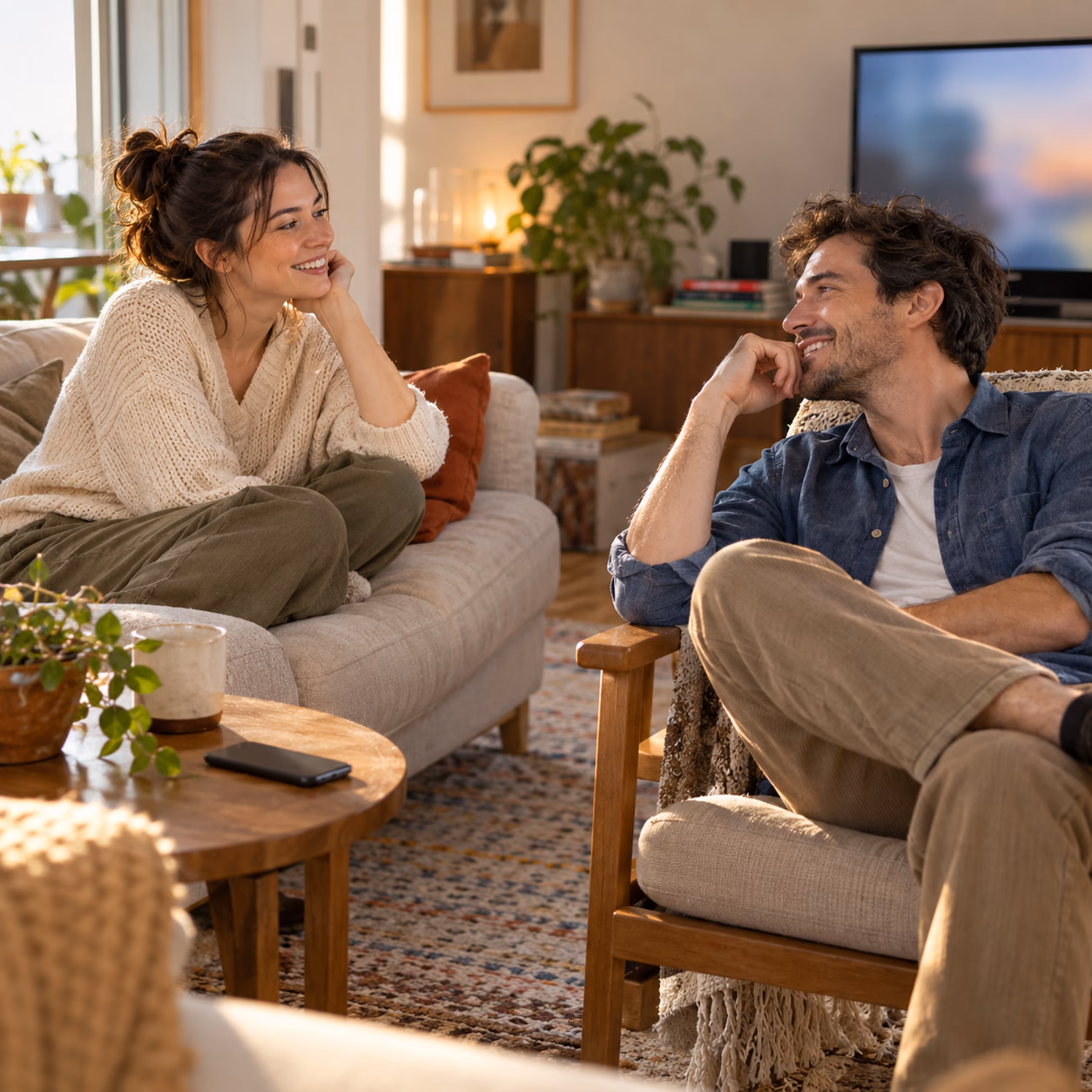 Two siblings enjoying a quiet conversation in a comfortable living room.