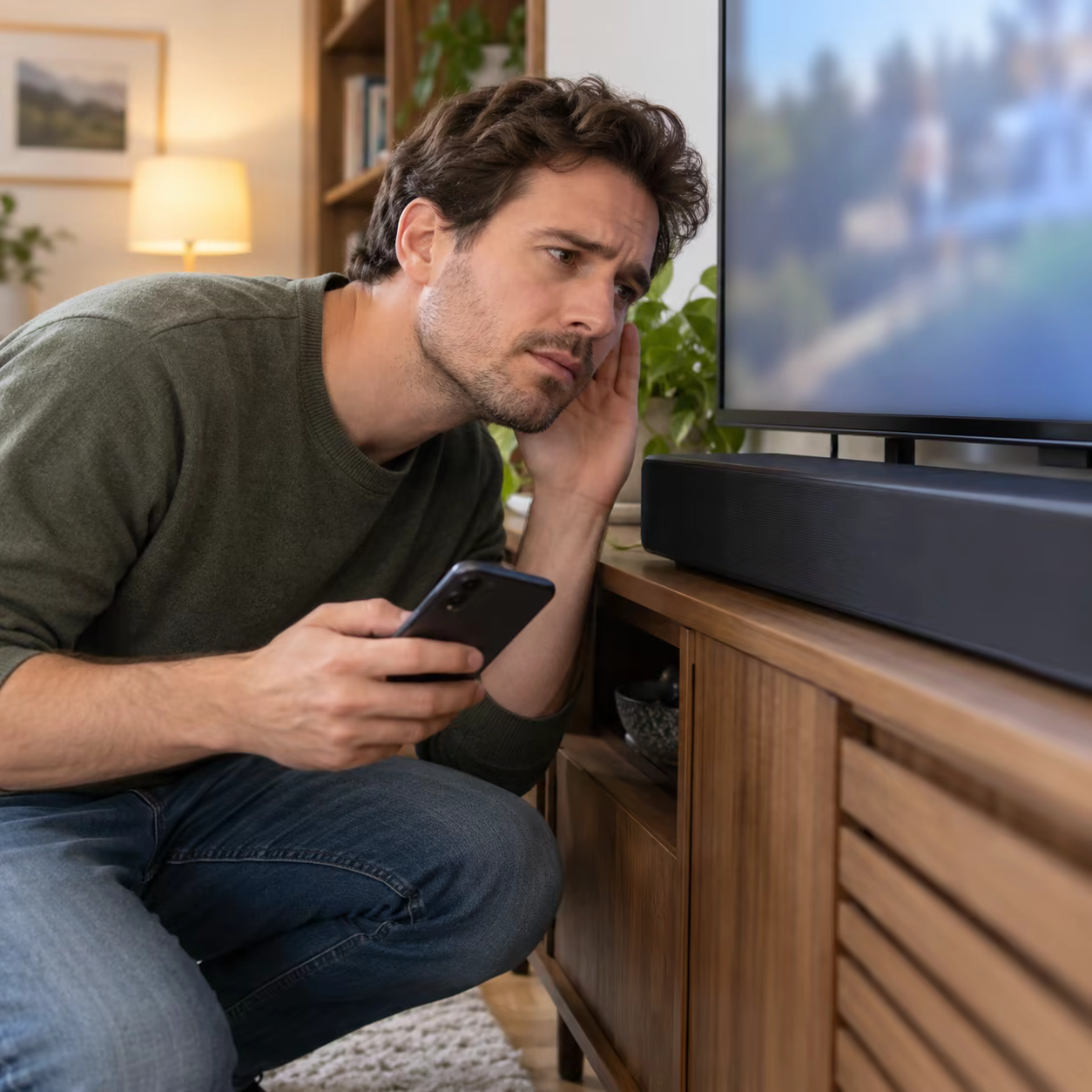 Viewer checking TV and soundbar audio during mirroring
