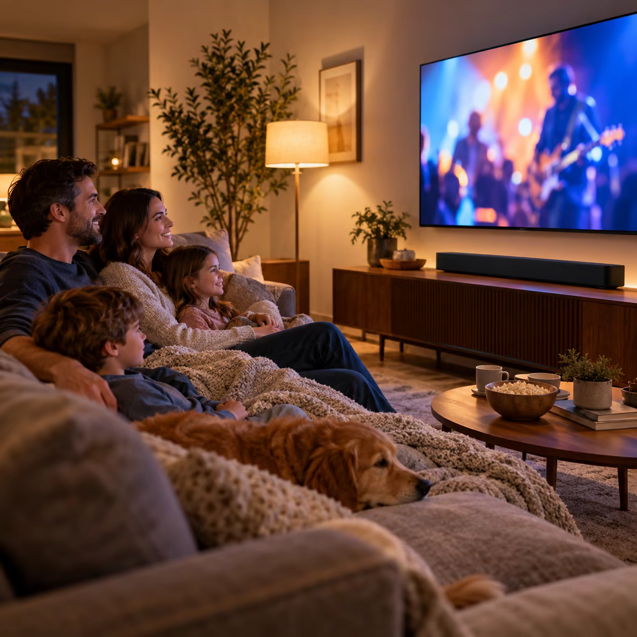 Household enjoying restored TV and soundbar audio