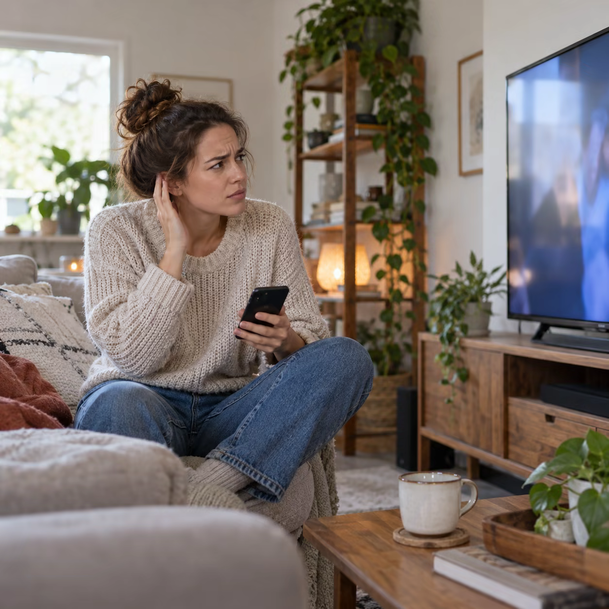 A viewer checking a phone during a quiet TV moment.