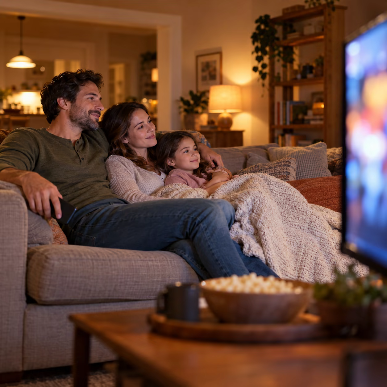 A family enjoying a relaxed viewing moment together.