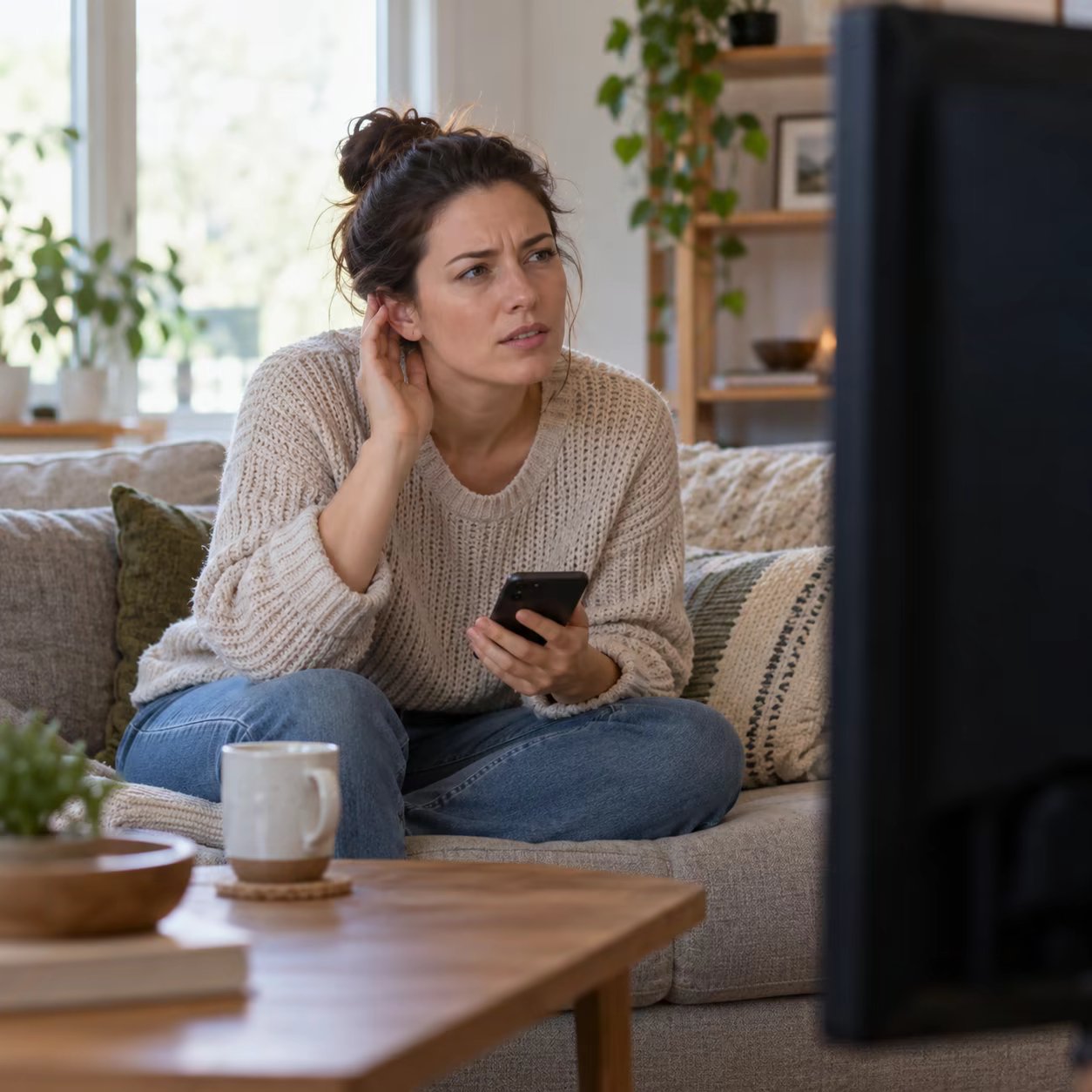 Viewer diagnosing sound from a dark TV screen