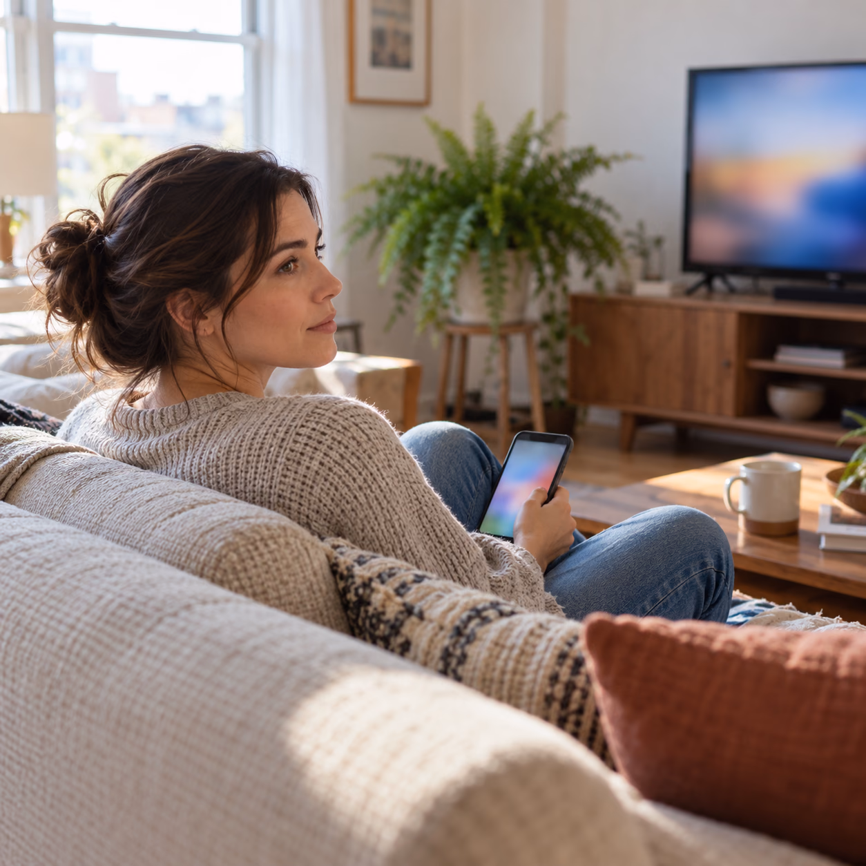 A woman pausing with her phone before sharing an evening at home.