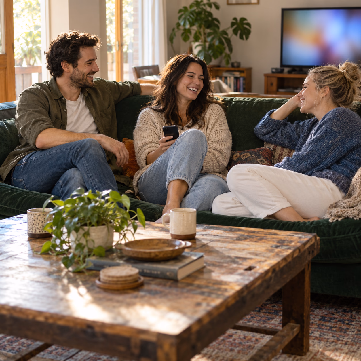 Friends settling in for a relaxed afternoon in a sunlit living room.