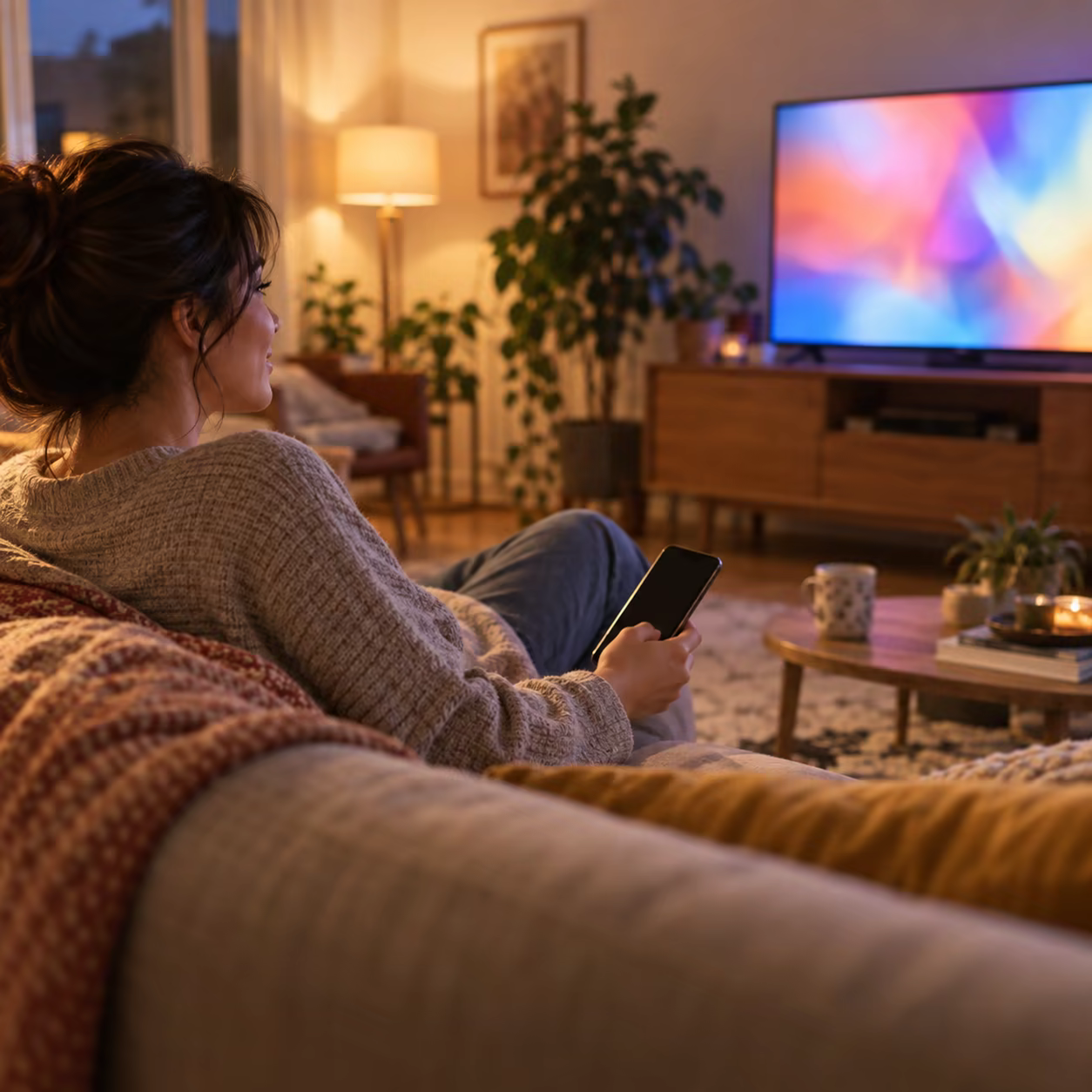 A relaxed person enjoying a successfully shared screen in a softly lit living room.