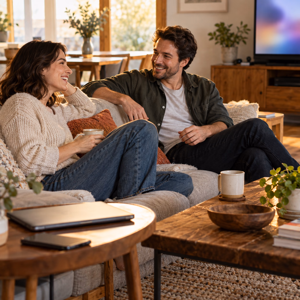 Friends enjoying a relaxed conversation beside a living-room sofa.
