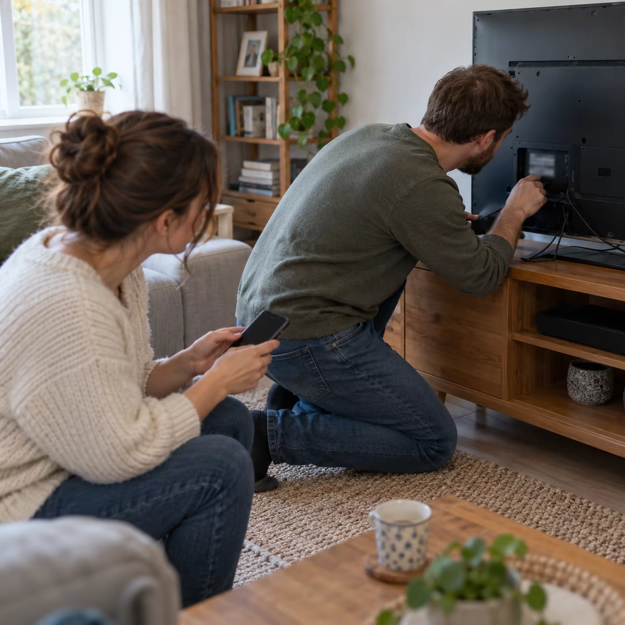 Homeowner checking a TV model before mirroring