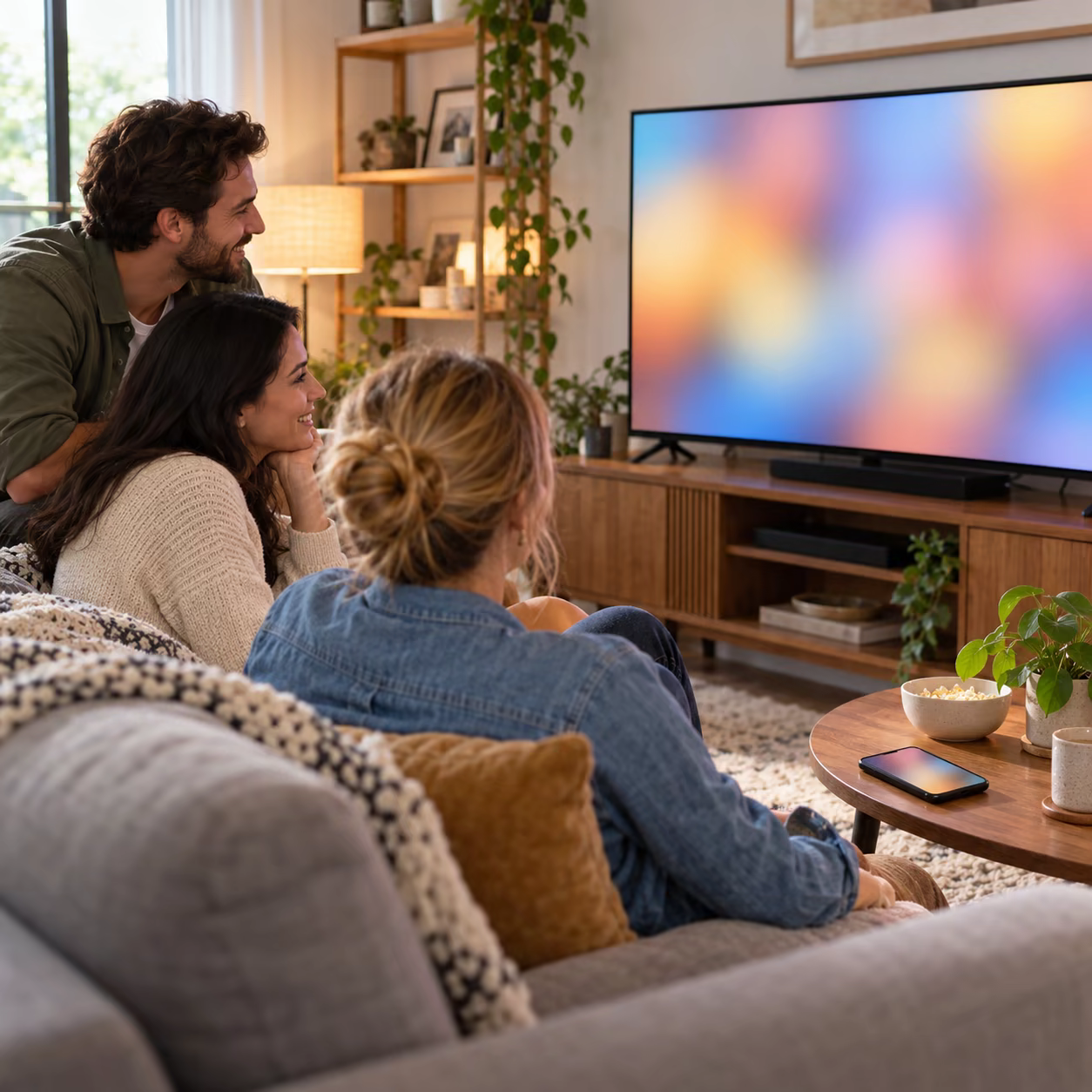 Friends viewing shared photos on a television