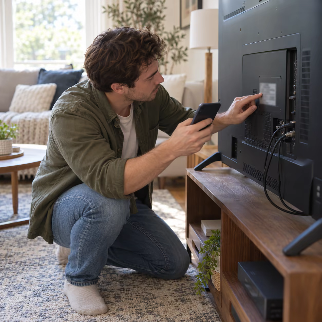 Person checking a TV model before wireless setup