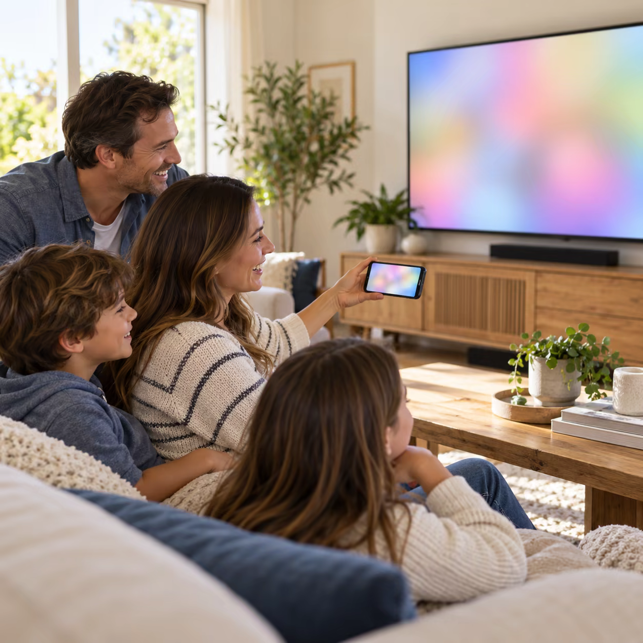 Family sharing memories from a phone to a TV
